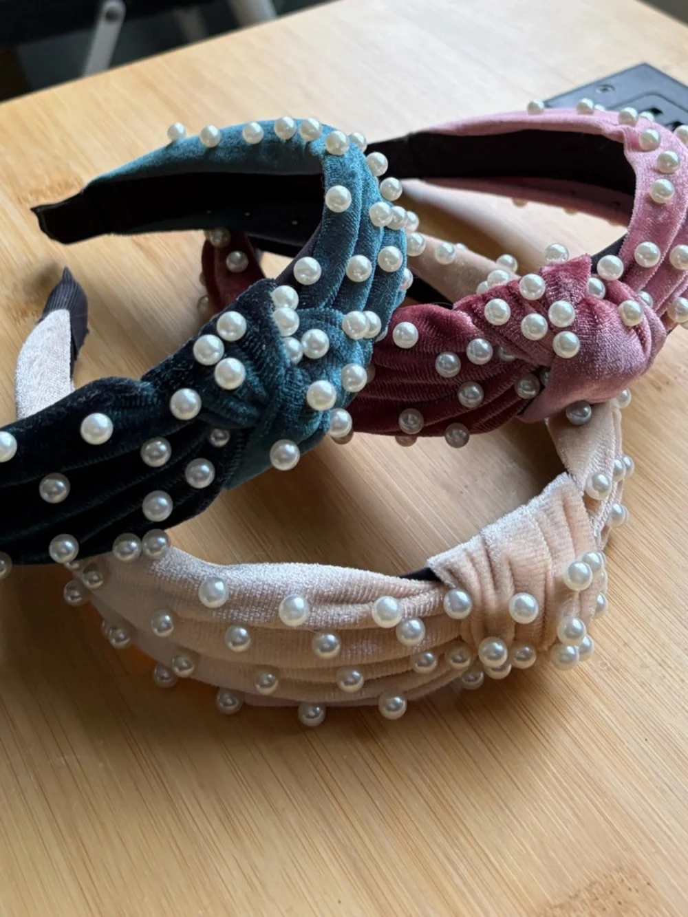 Pearl-Embellished Velvet Headbands - Pink, Cream, Teal - Picture 2 of 4